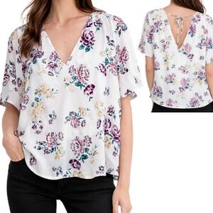 Lush Womens Floral V-Neck Short Sleeve Open Back Tie Blouse White Purple Size S